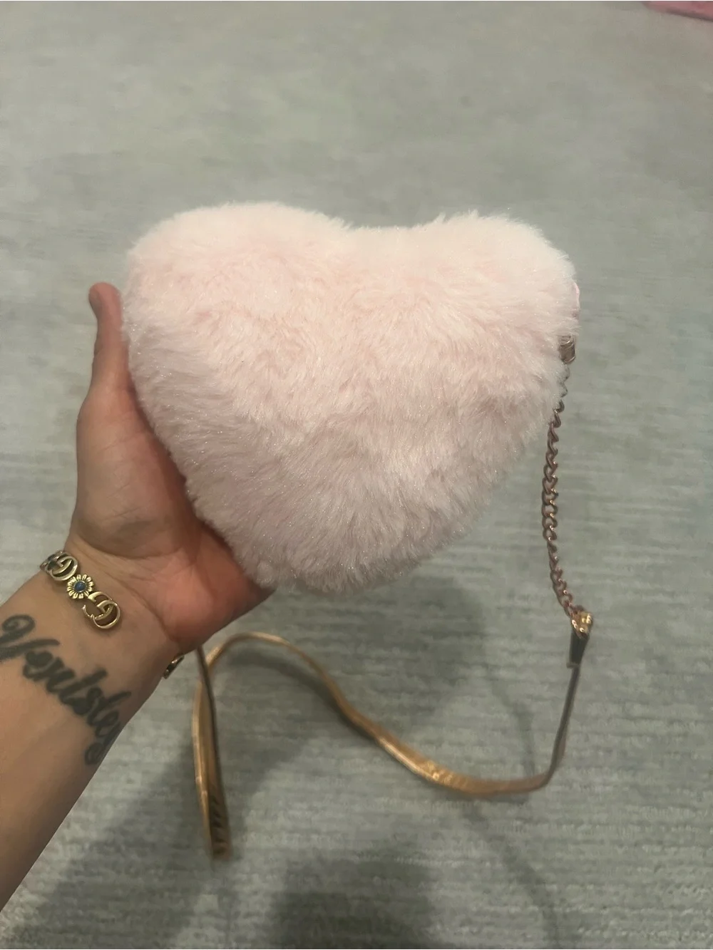Girls' Plush Heart Crossbody Bag in Light Pink with Gold Chain